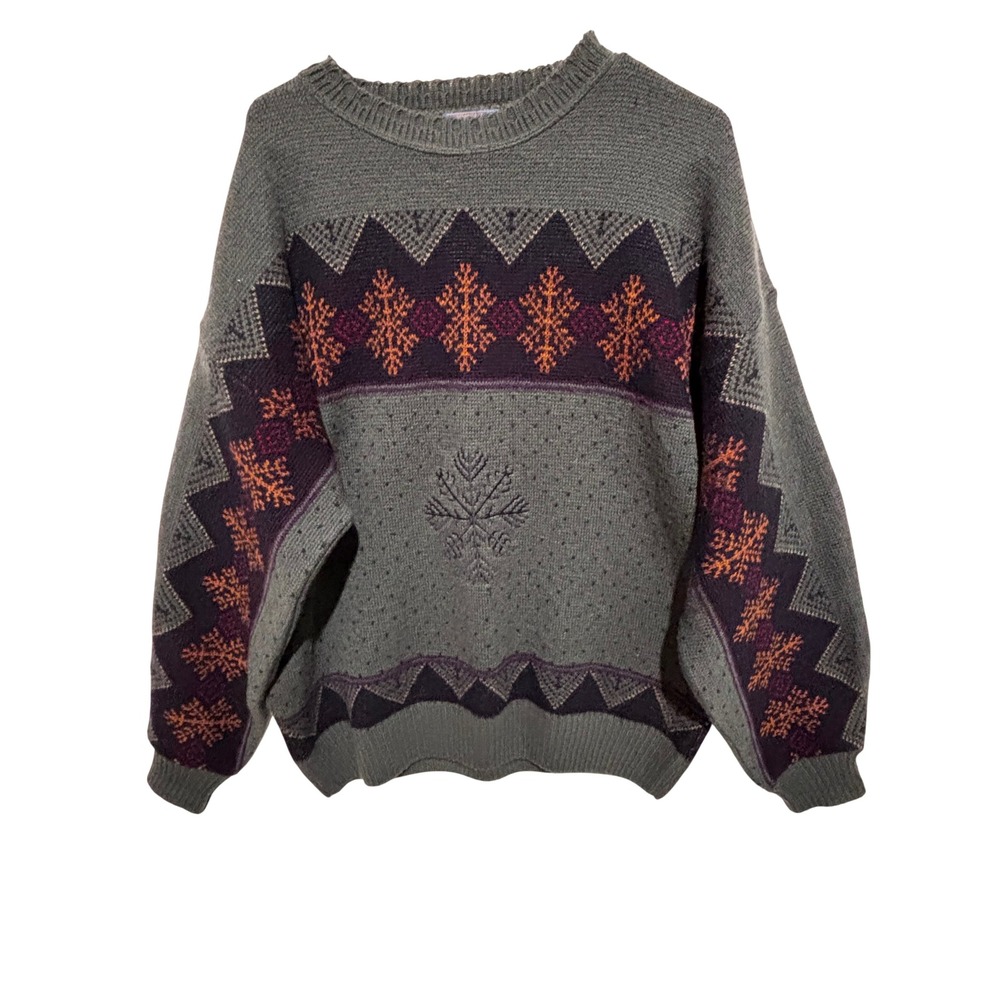 Vintage Pendleton Virgin Wool Sweater XL Grey Fair Isle Snowflake USA Grandpa